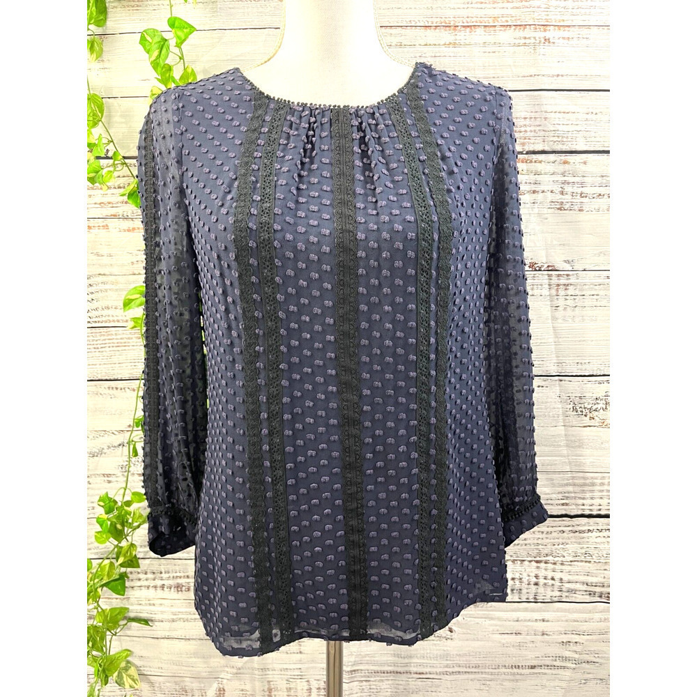 J Crew Blouse size 0 Navy Blue Lace Dotted Sheer Boho Peasant Prairie Modest